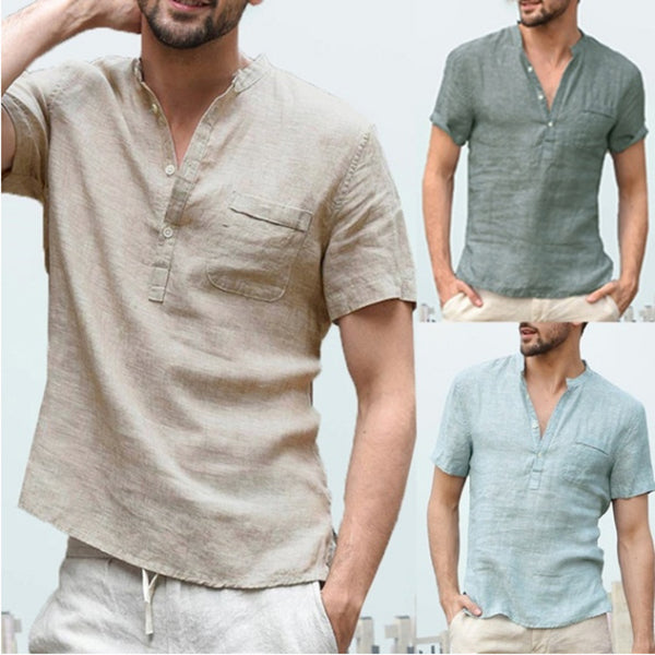 Camisa de playa casual con cuello en V y botones de lino para hombre