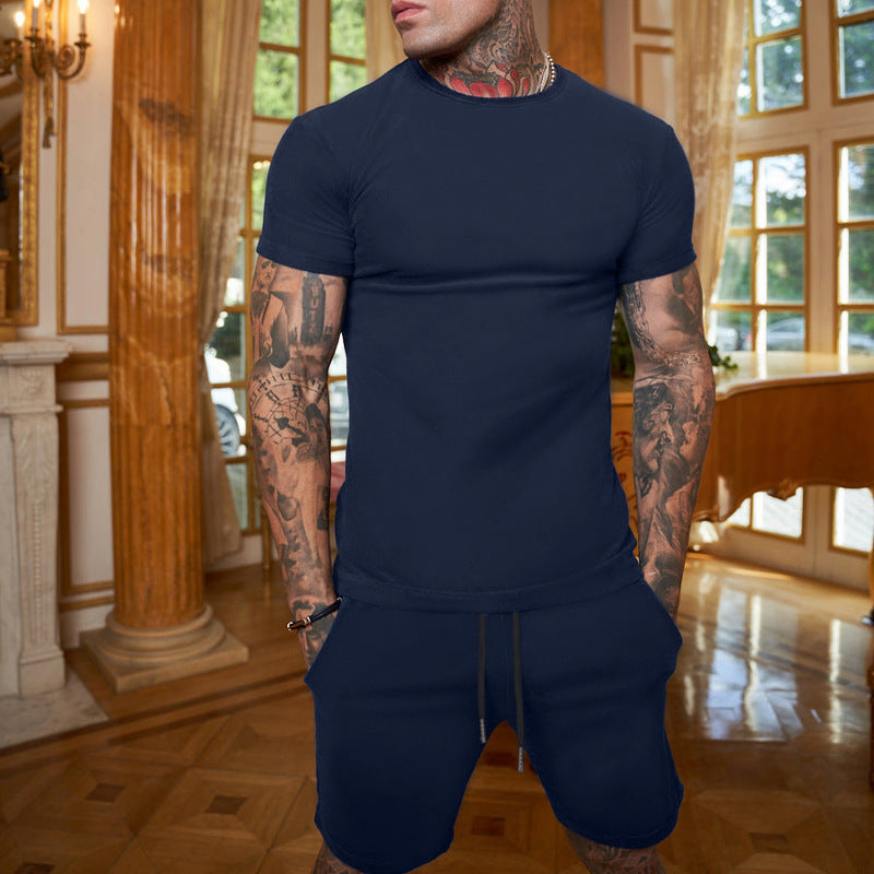 Men's Solid Color Short Sleeve Shorts summer Set