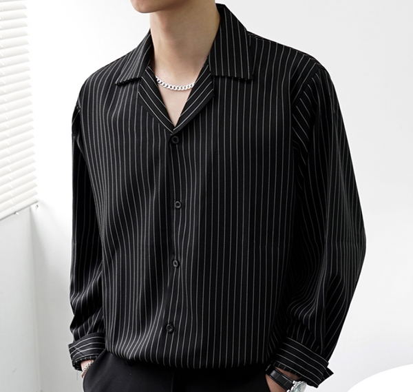 Men's Long-sleeved Striped Cuban Collar Loose Shirt