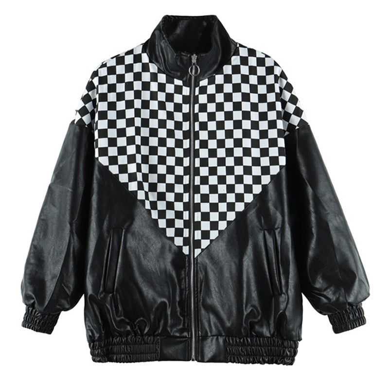 Chaqueta de cuero con costuras a cuadros en blanco y negro PU