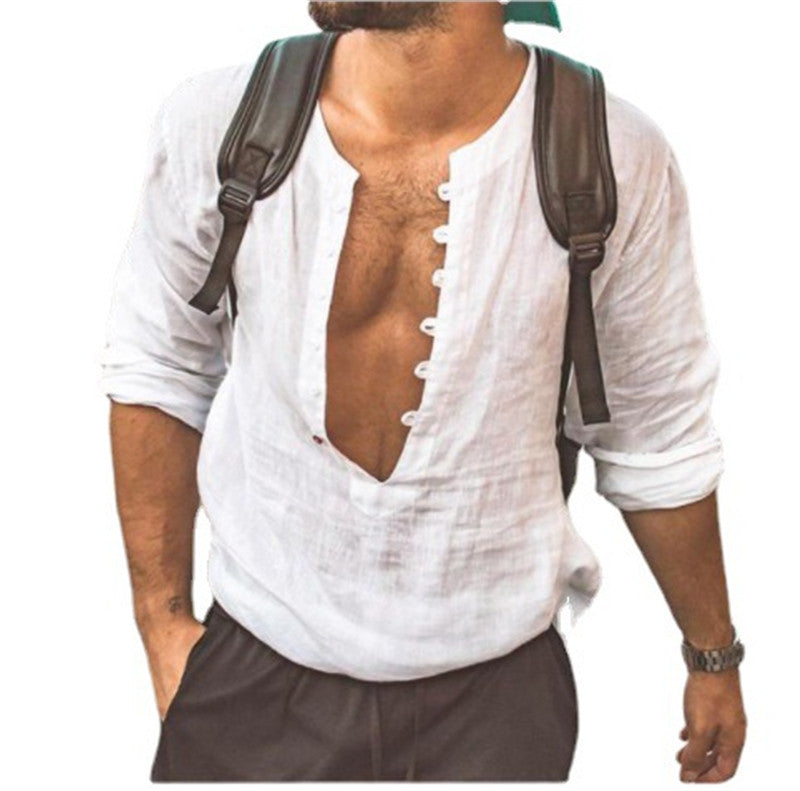 Men's Long-sleeved Button Linen Cotton Shirt