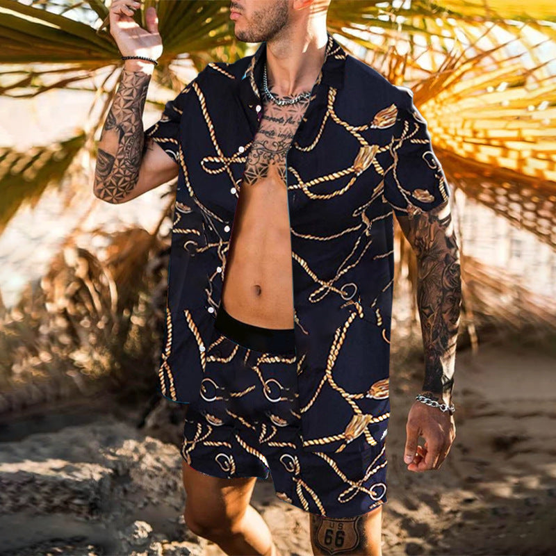 Summer Men Hawaiian Sets Printed Breathable Lapel shirt