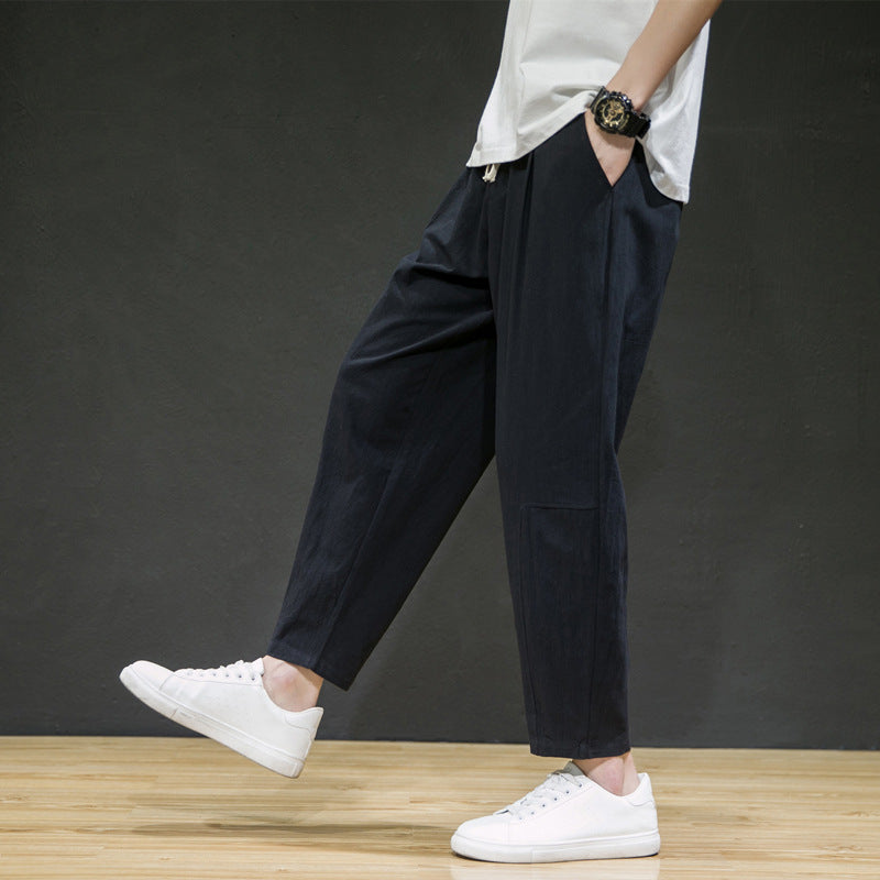 Men's Cotton And Linen Loose Linen Straight-leg Cropped Trousers
