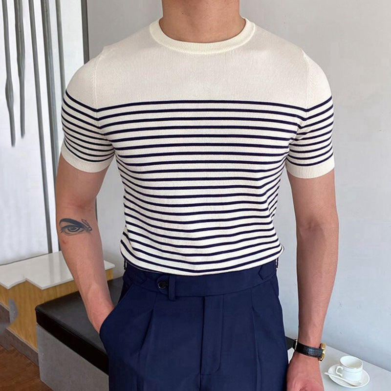 Short Sleeve Striped Sweater Slim Fit Men's T-Shirt
