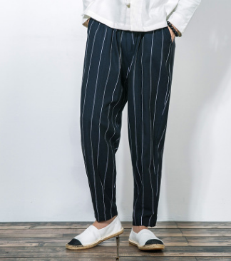 Linen casual loose pants vertical stripes straight trousers male