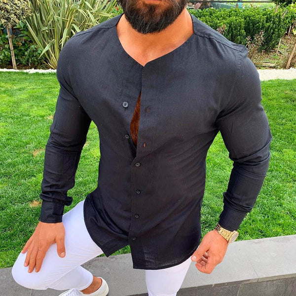 Camisa tipo cárdigan con botones de lino estilo europeo-americano para hombre
