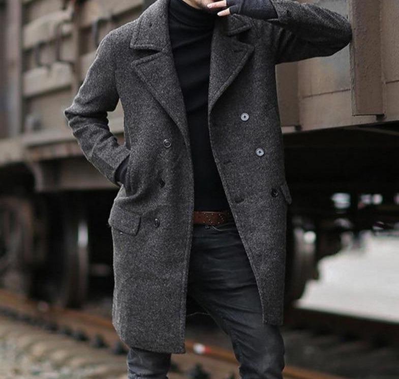 Double-breasted mid-length men's lapel woolen trench coat