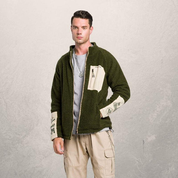 Pocket raglan sleeve stand collar sweater