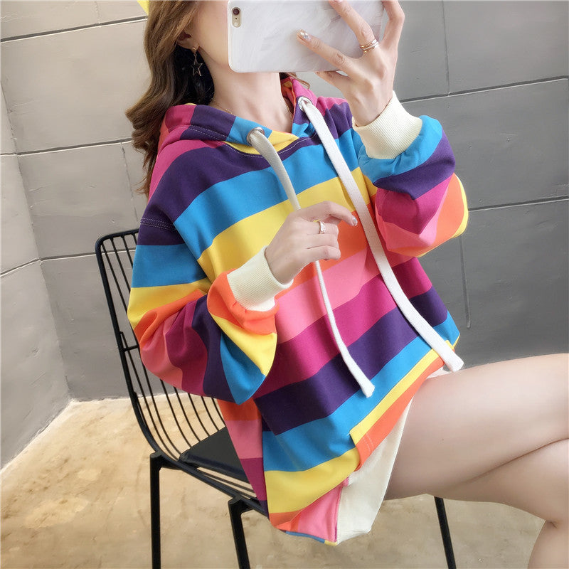 Rainbow Stripes Loose Hooded Sweater