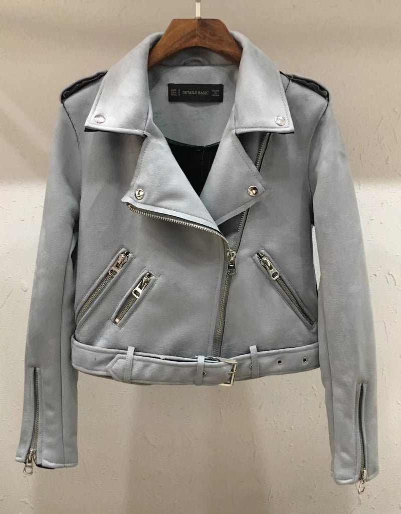 Lapel zipper leather jacket women