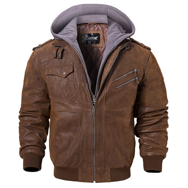 Men Real Leather Jacket Removable Hood motorcycle jacket