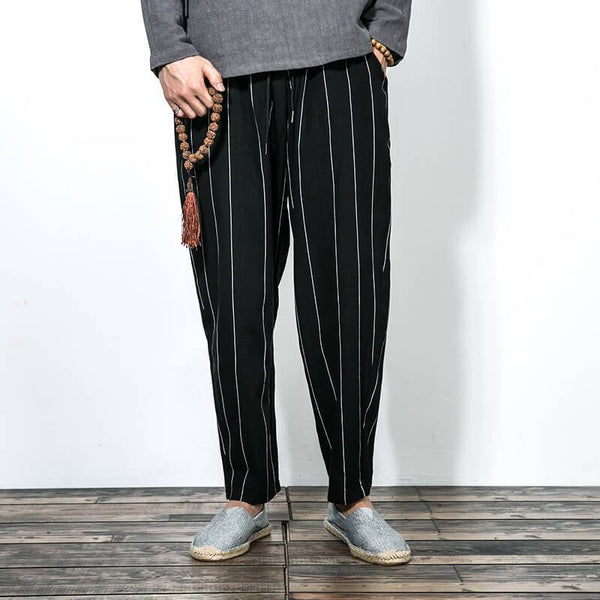 Pantalones sueltos casuales de lino pantalones rectos de rayas verticales para hombre