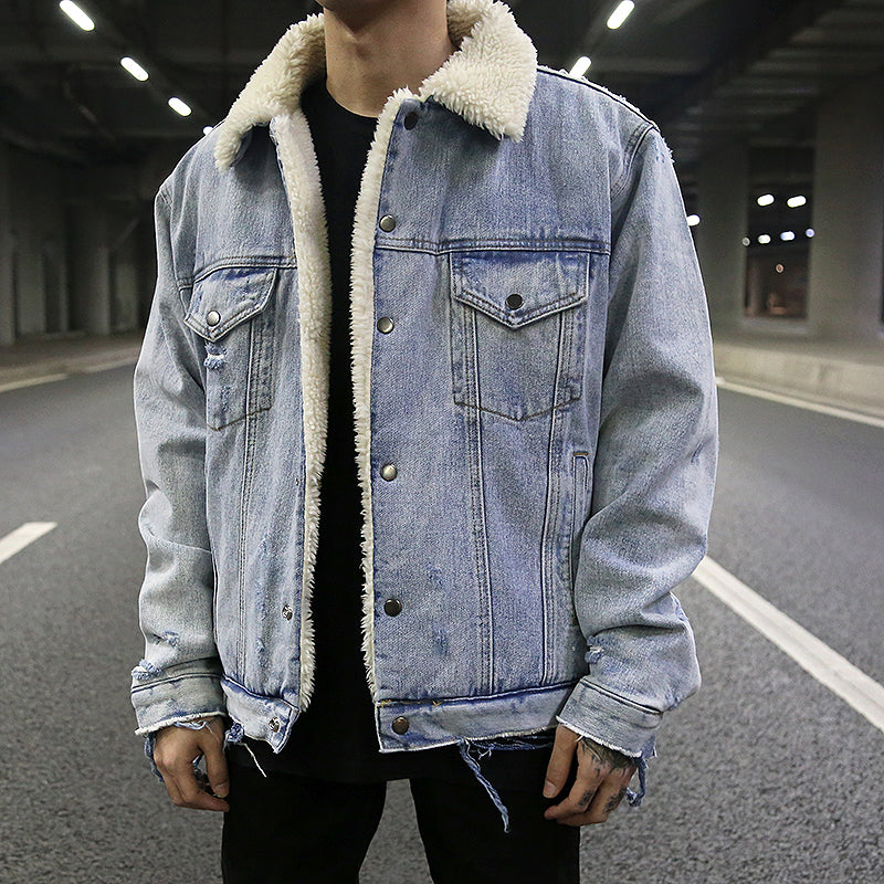 Distressed Damaged Lamb Fur Collar Denim Jacket