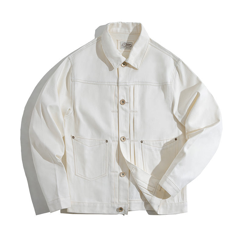 American Retro Paris Buckle White Ranch Denim Jacket Men