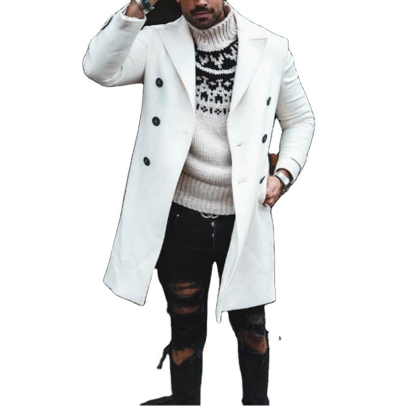 Lapel double-breasted white woolen trench coat