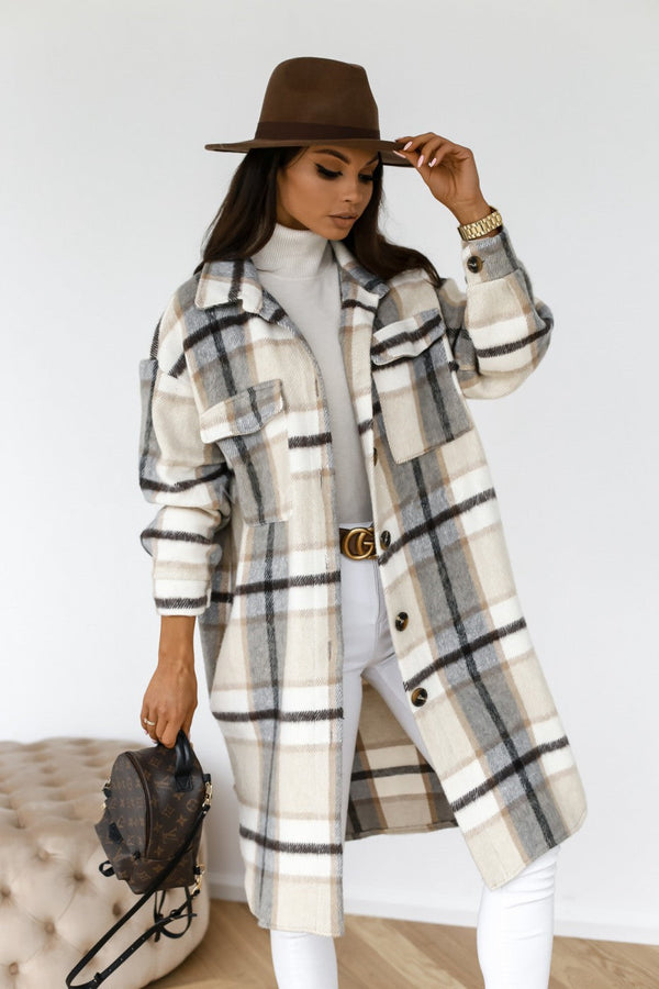 Abrigo de lana largo a cuadros cálido casual con solapa con botones