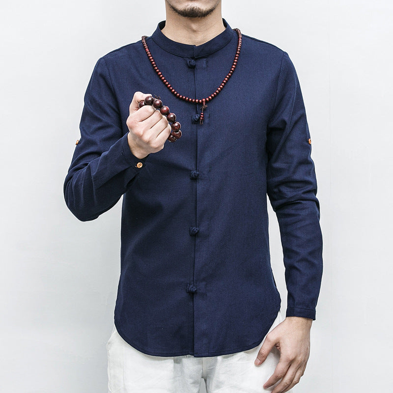 Cotton And Linen Long-Sleeved Buttoned Shirt