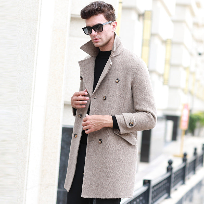 Double-breasted mid-length woolen trench coat