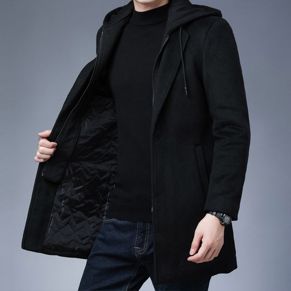 Abrigo de invierno de lana con capucha desmontable para hombre