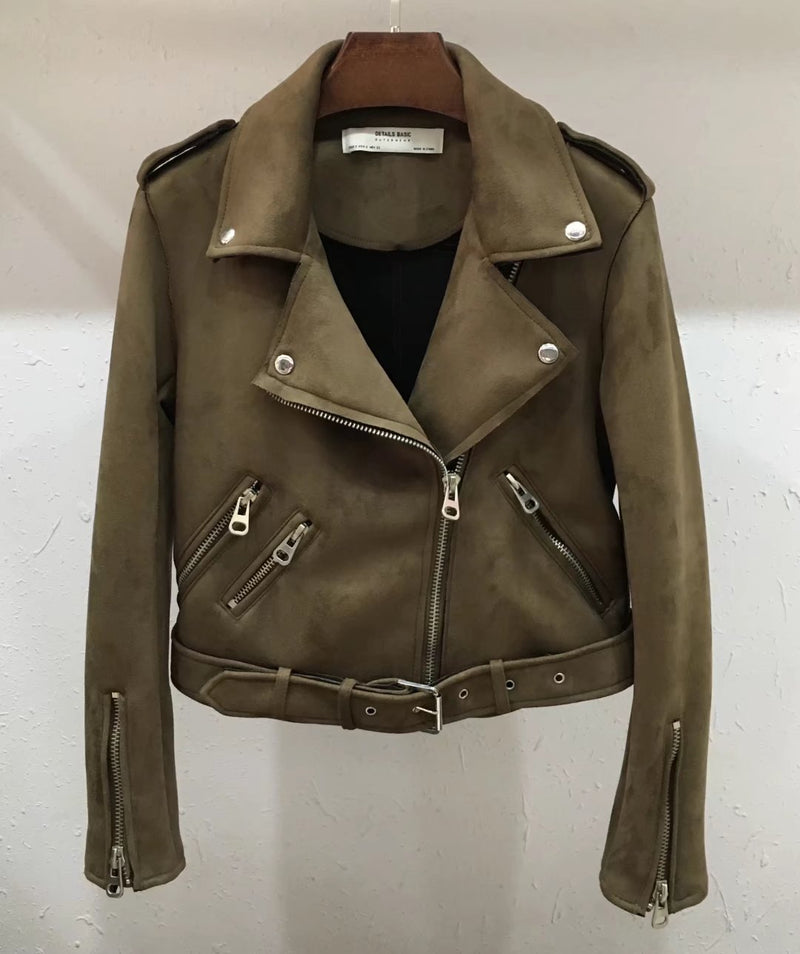 Lapel zipper leather jacket women