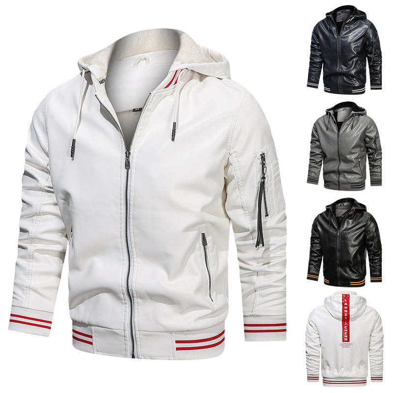 Chaqueta de hombre Chaqueta de cuero con múltiples bolsillos y capucha para hombre