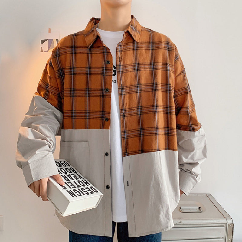 Autumn Japanese plaid stitching shirt men