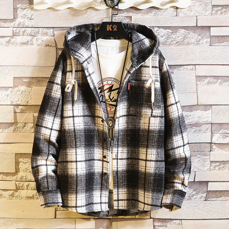 Men's Plaid Casual Long Sleeve hooded Shirt jacket