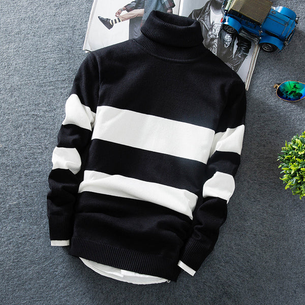 Long-sleeved Colorblock Striped Turtleneck Sweater