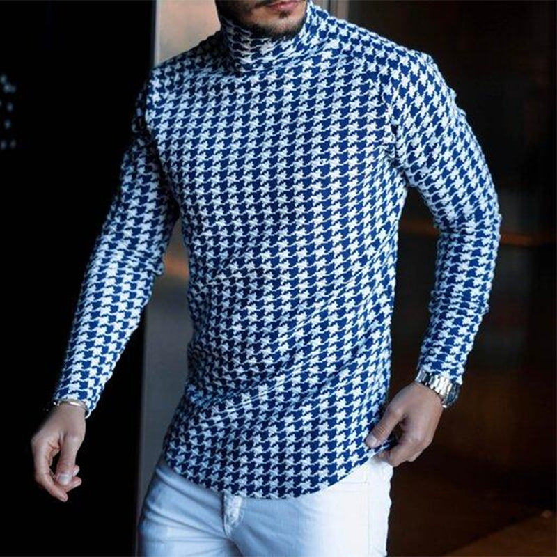 Camisa básica a rayas con cuello alto y jersey delgado para hombre