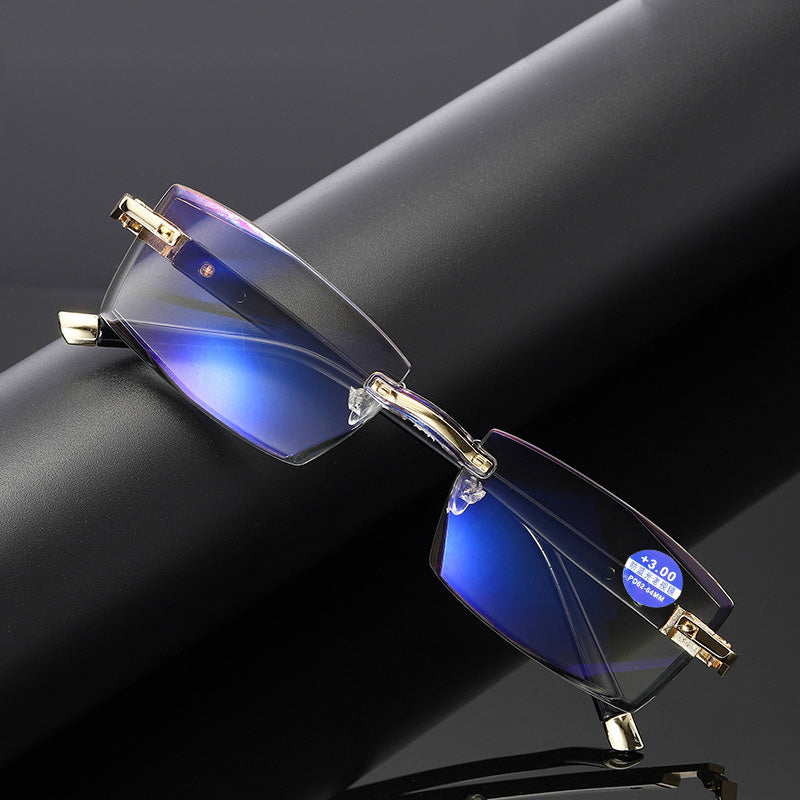 Gafas de resina con borde de corte de diamante, antiluz azul, sin marco