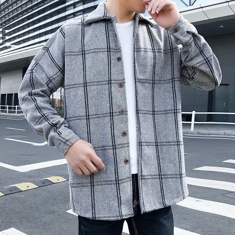 Fashion All-Match Retro Male Woolen Plaid shirt jacket