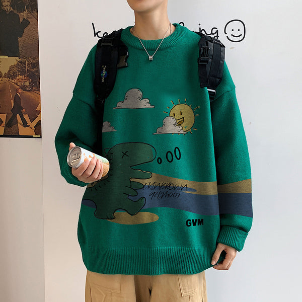 Dinosaur Print Crew Neck Loose Sweater Men