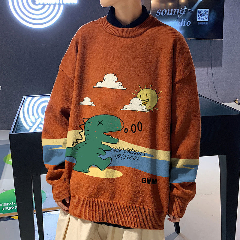 Dinosaur Print Crew Neck Loose Sweater Men