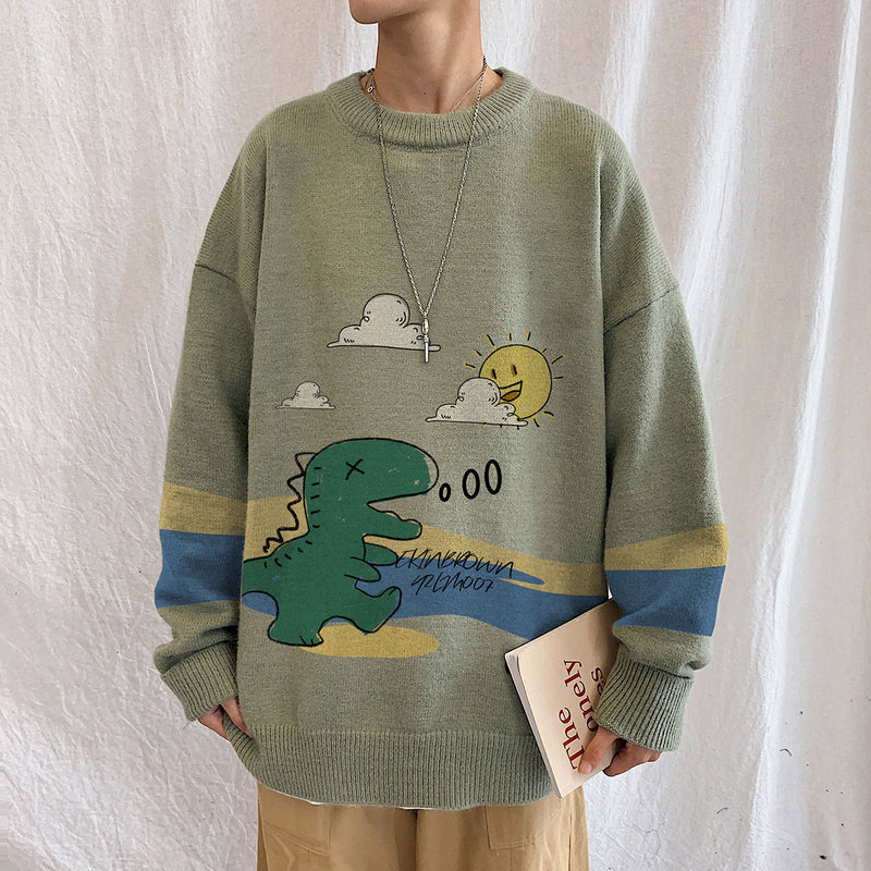 Dinosaur Print Crew Neck Loose Sweater Men