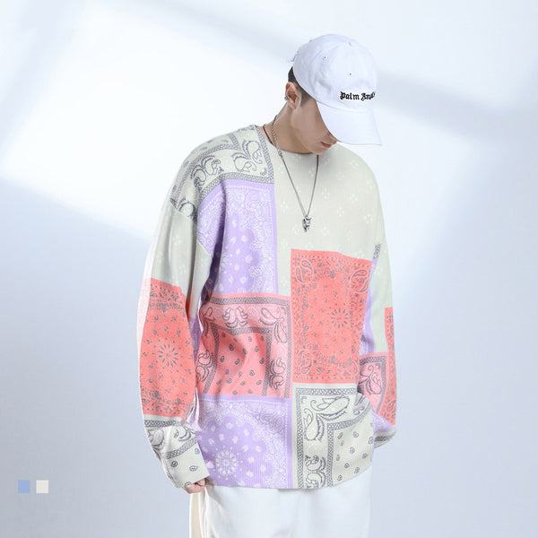 Suéter de tendencia con flores de anacardo y costuras para hombre