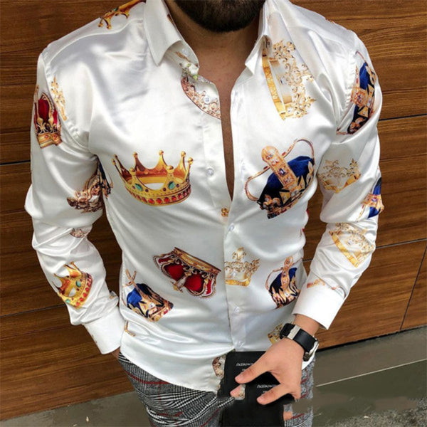 Camisa estampada informal con corona de manga larga personalizada para hombre