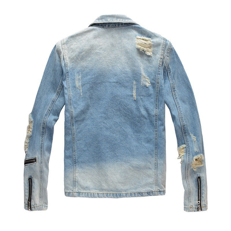 Slim-fit Ripped Retro Blue Denim Jacket