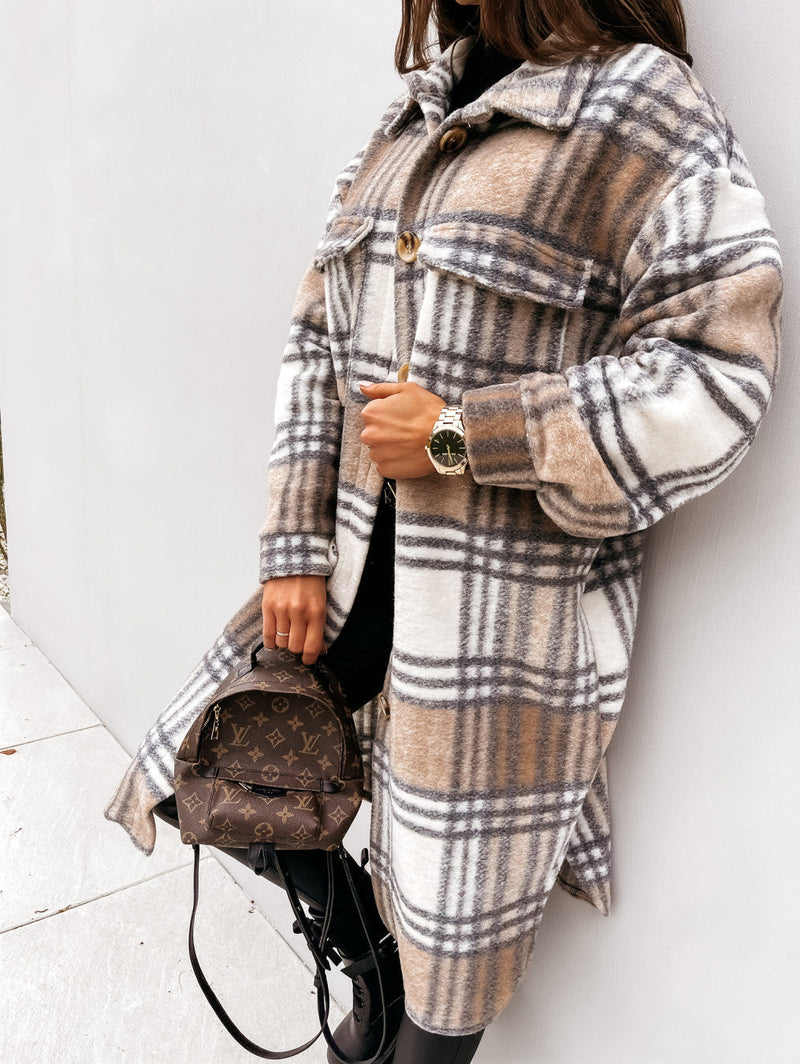 Abrigo de lana largo a cuadros cálido casual con solapa con botones
