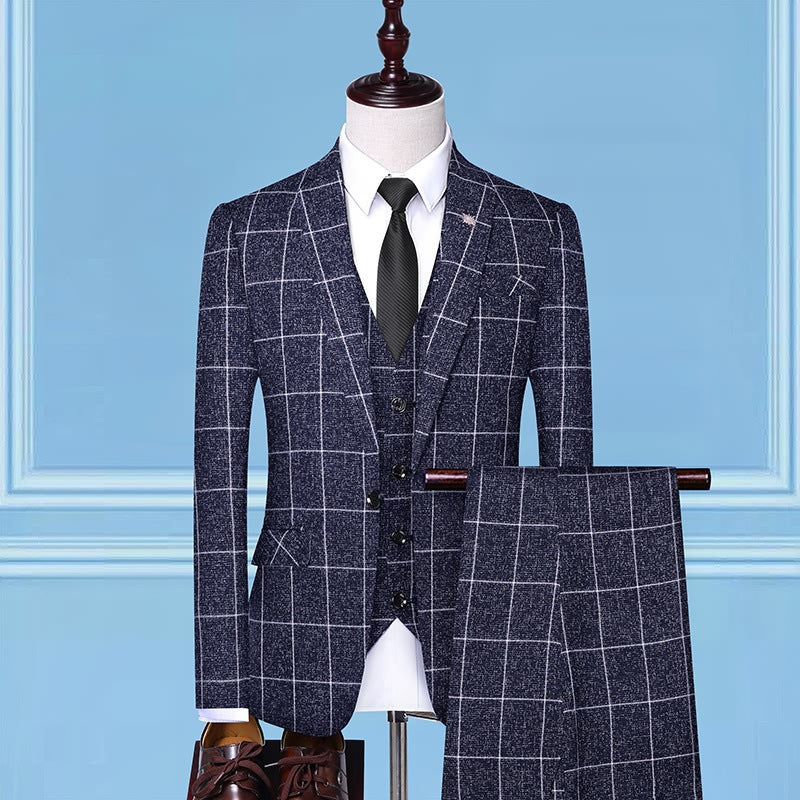 Men's Checkered Three-Piece Work Professional Suit