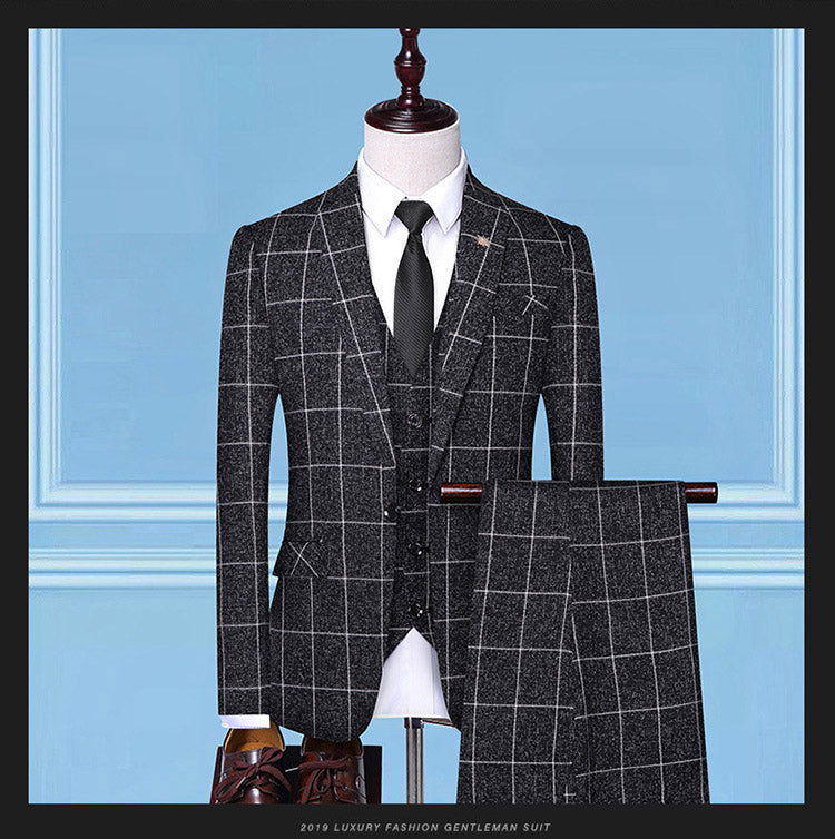 Men's Checkered Three-Piece Work Professional Suit