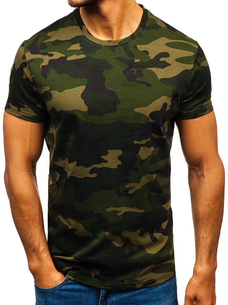 Camiseta casual de manga corta con cuello redondo de camuflaje para hombre