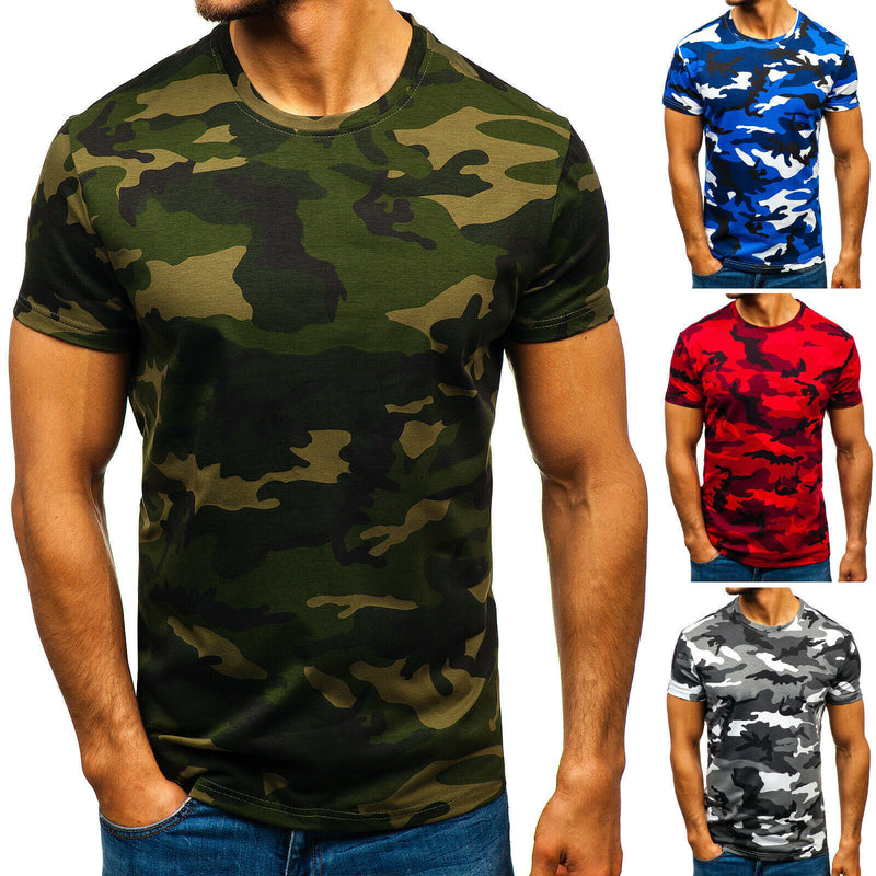 Camiseta casual de manga corta con cuello redondo de camuflaje para hombre