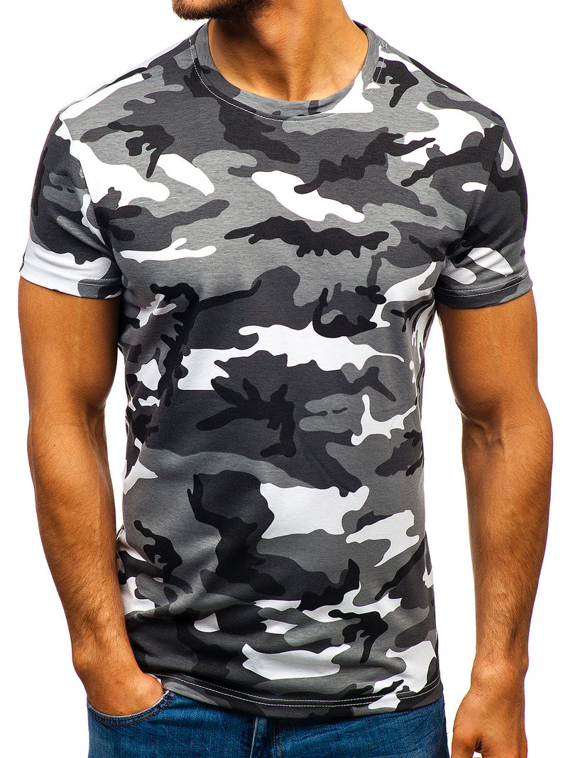 Camiseta casual de manga corta con cuello redondo de camuflaje para hombre