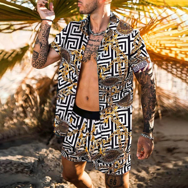 Conjuntos hawaianos de verano para hombre, camisa de solapa transpirable estampada