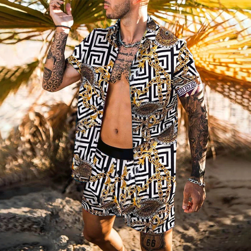 Summer Men Hawaiian Sets Printed Breathable Lapel shirt