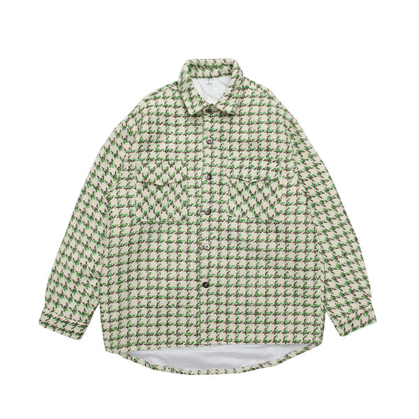 Woven Houndstooth Woolen Shirt Coat Big Pocket Shirt