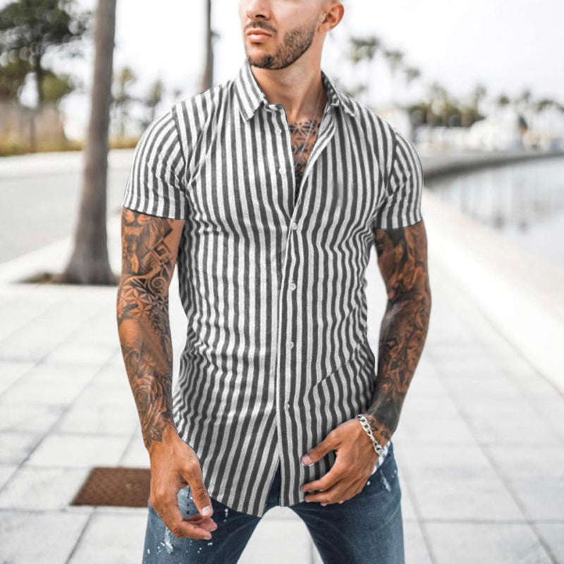 Striped Print Short Sleeve Men's Shirt