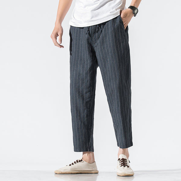 Linen cropped trousers striped cotton linen pants