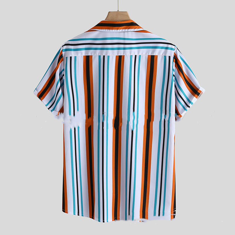 Men's Lapel Print Striped Short Sleeve Shirt
