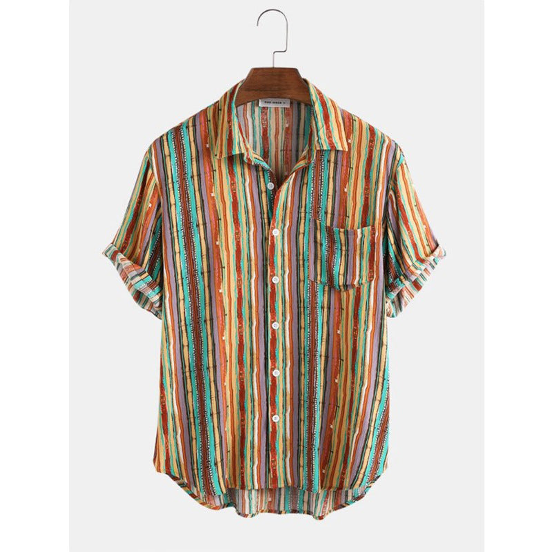 Men Stripe Short Sleeve Beach Shirt